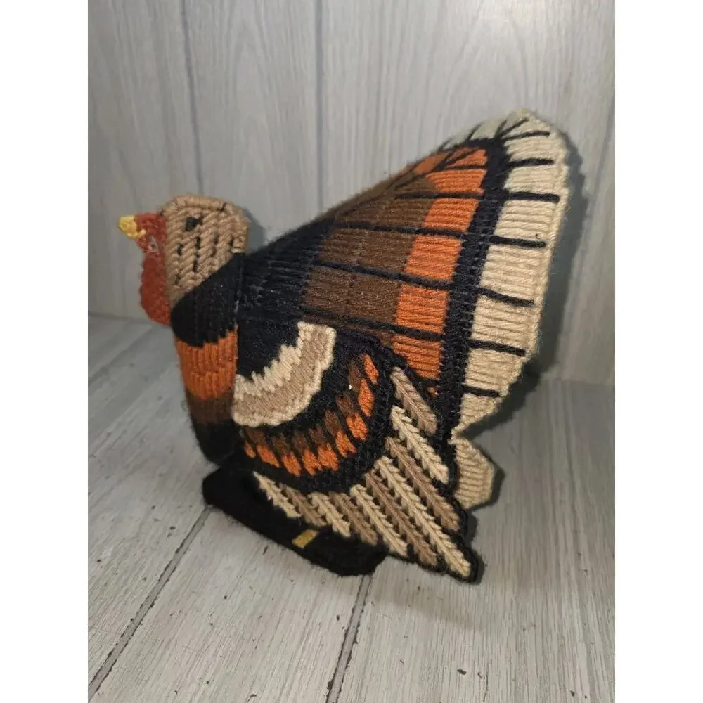 Vtg Handmade Thanksgiving Turkey Plastic Canvas Needlepoint Centerpiece 3D